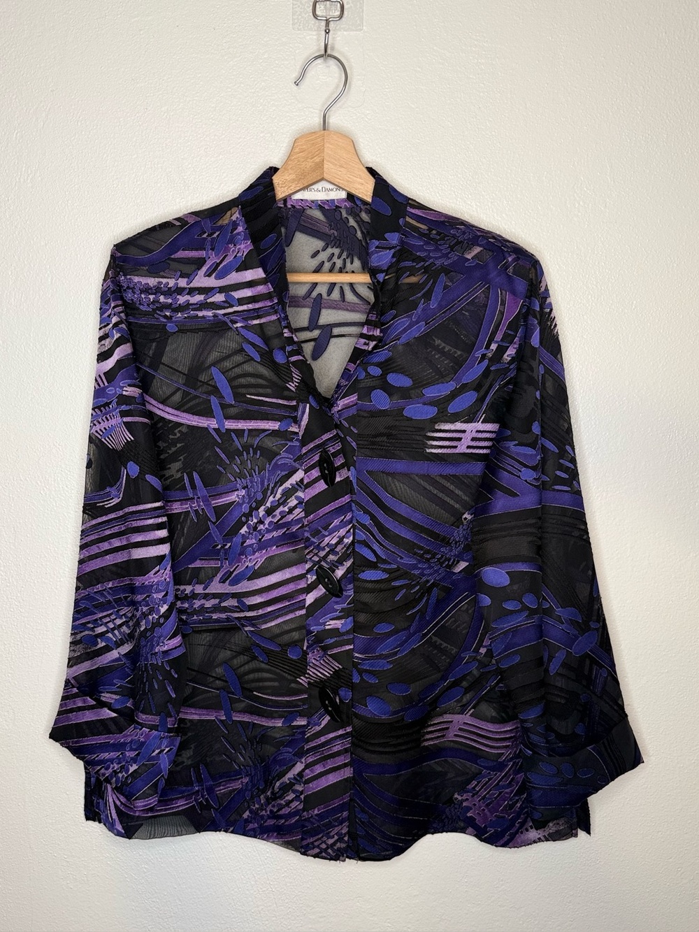 Draper's & Damon's Vtg Sheer Abstract Blouse Purple Black Mandarin Collar, Large